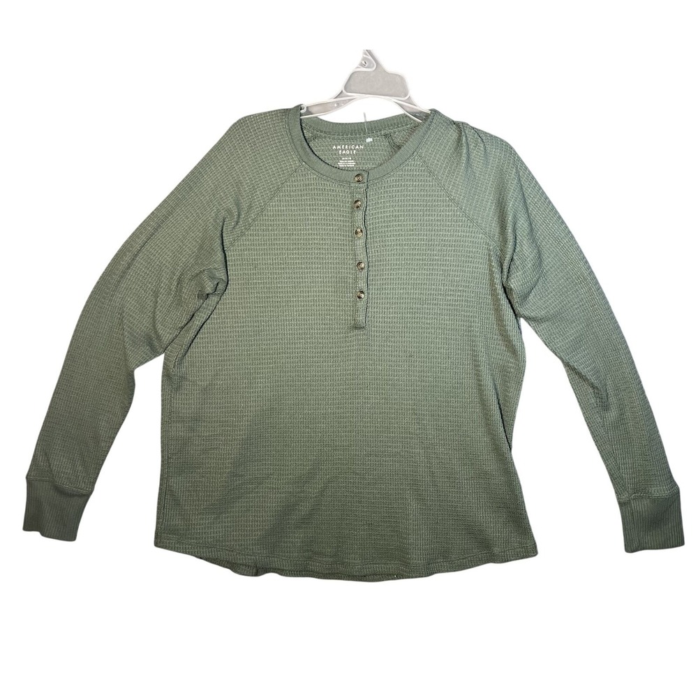 American Eagle Women's Medium Green Waffle Knit Thermal Henley Long Sleeve Top